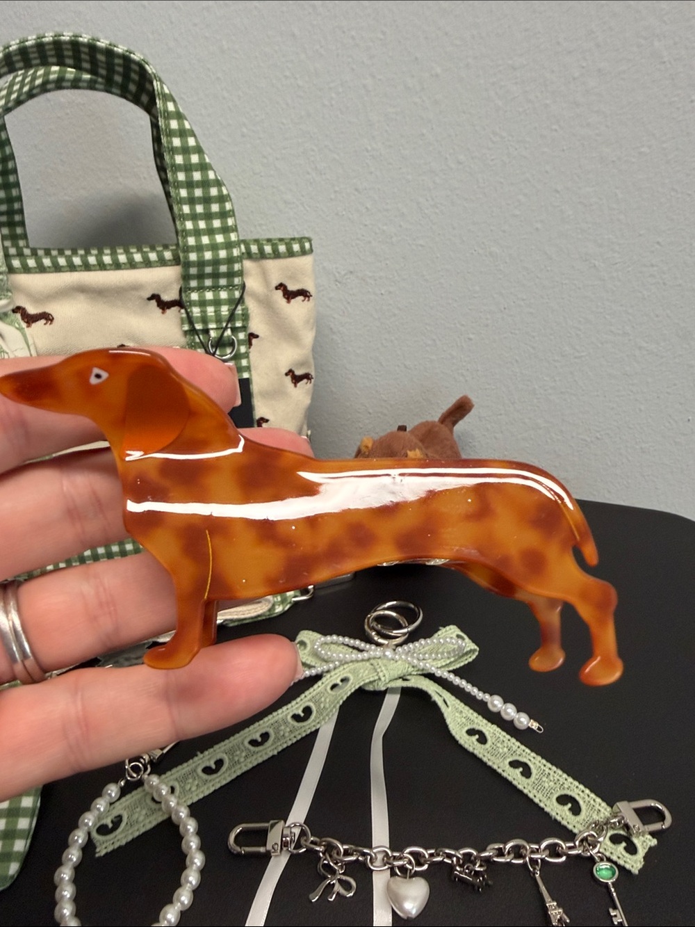Madden Girl | Green Gingham Dachshund Canvas Tote | Wristlet, Bag Charms & More - Picture 13 of 15